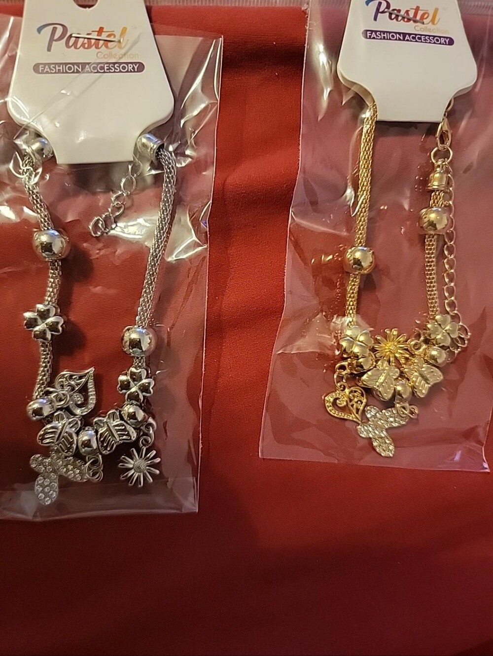 NWT 2 Butterfly & Floral Charm Bracelets Crystal Set Gold & Silver Tone - Picture 4 of 5